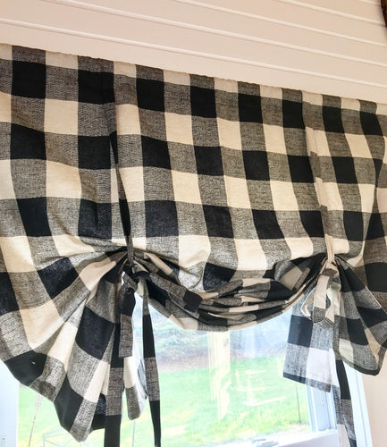 Black and Natural Buffalo Check Tie up Shade, Designer Valance , Plaid Valance, Modern Home Decor, Nursery Decor, Kitchen Curtain