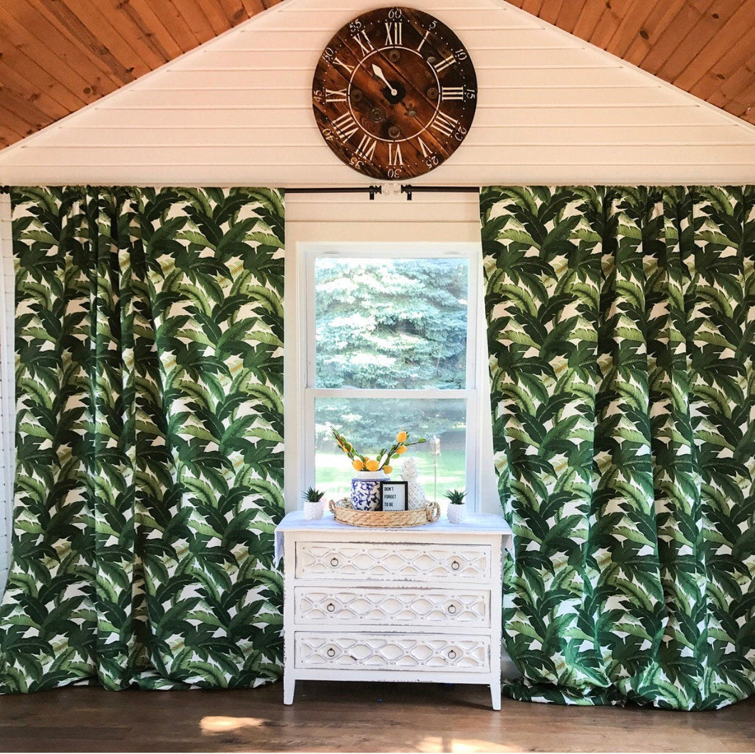 1 pair of Beautiful Green Palm Fabric Curtains  Designer, Modern Print Curtains, Leaf Curtains, Green Curtains