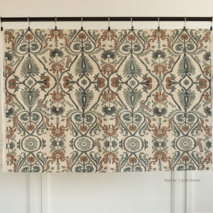 1 pair of beautiful block print style draperies feature a loose floral vine pattern on a faded tan on woven ground cloth, window treatments