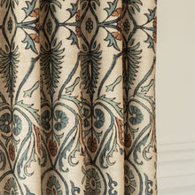 Load image into Gallery viewer, 1 pair of beautiful block print style draperies feature a loose floral vine pattern on a faded tan on woven ground cloth, window treatments