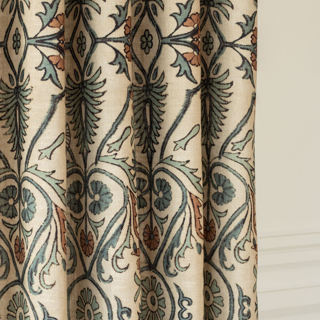 1 pair of beautiful block print style draperies feature a loose floral vine pattern on a faded tan on woven ground cloth, window treatments